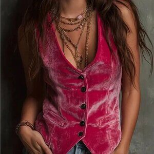 Retro Style Rose Velvet Buttoned Sleeveless Vest